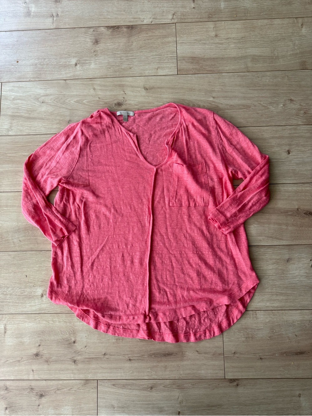Bordeaux 100% Linen Knit Top Pink Long Sleeve Pocket Tee Hi Low Hem Medium